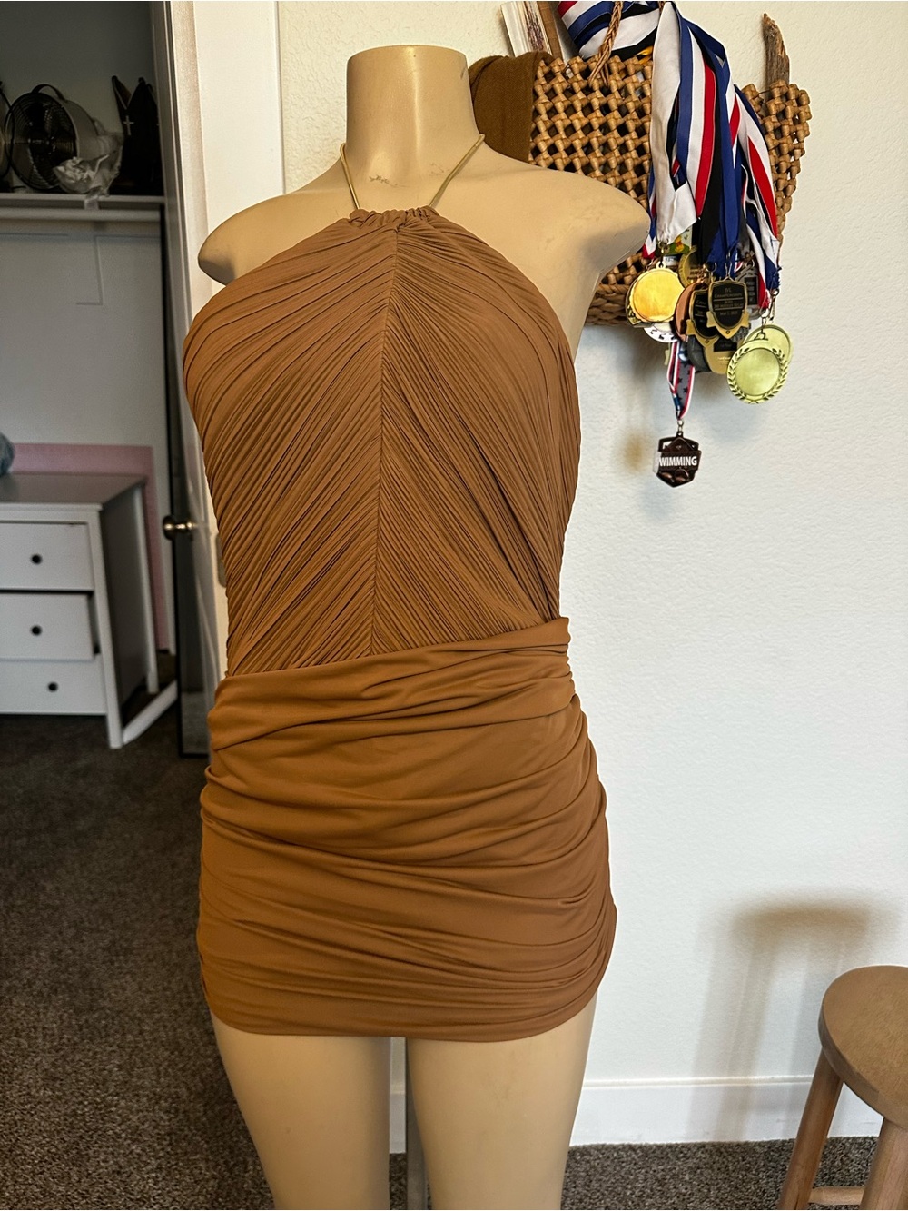 Ruched Halter Mini Dress in Brown